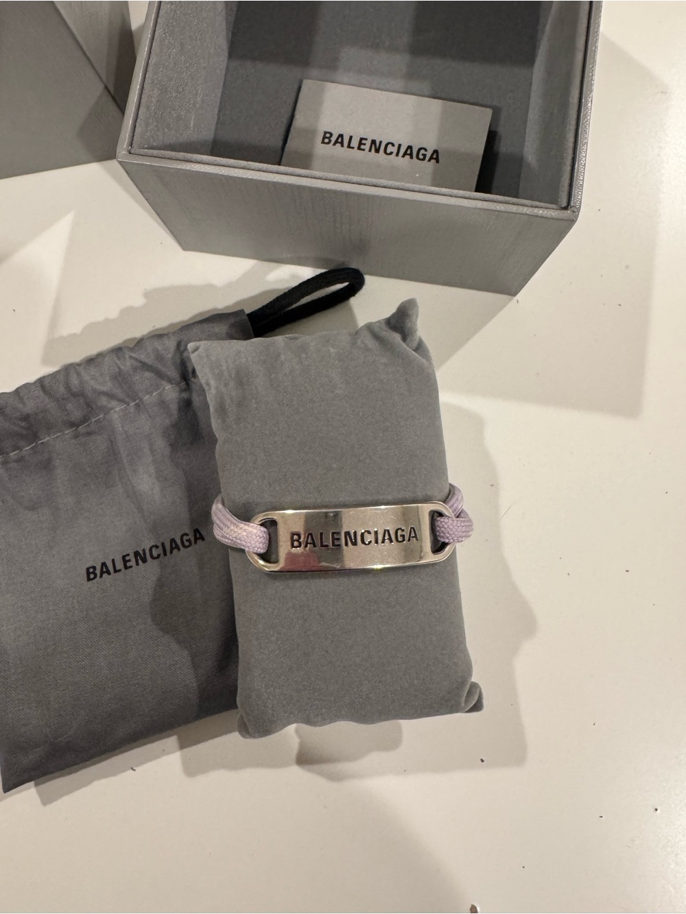 Balenciaga Silver Logo Plaque Bracelet with Lilac Cord